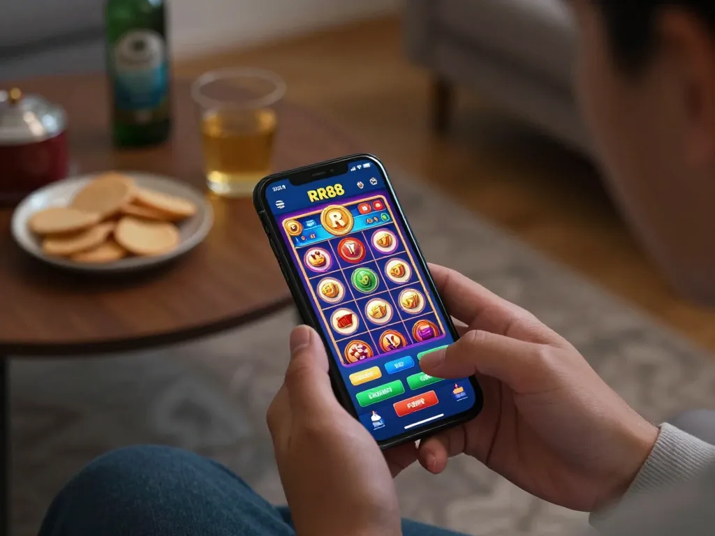 Player engaging with the RR88 mobile app while enjoying a cozy home gaming experience