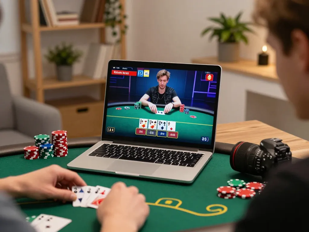 Online poker gameplay at home represented on a laptop screen, illustrating strategic engagement with lc88.com.