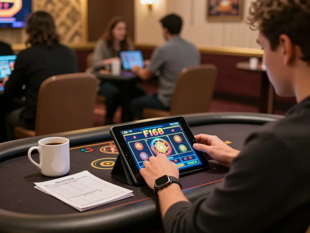 Player engaging in F168 slots at a cozy online casino setup, emphasizing leisure and strategy