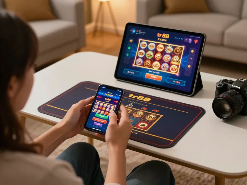Player using tr88 casino app on smartphone in a cozy home gaming scene.