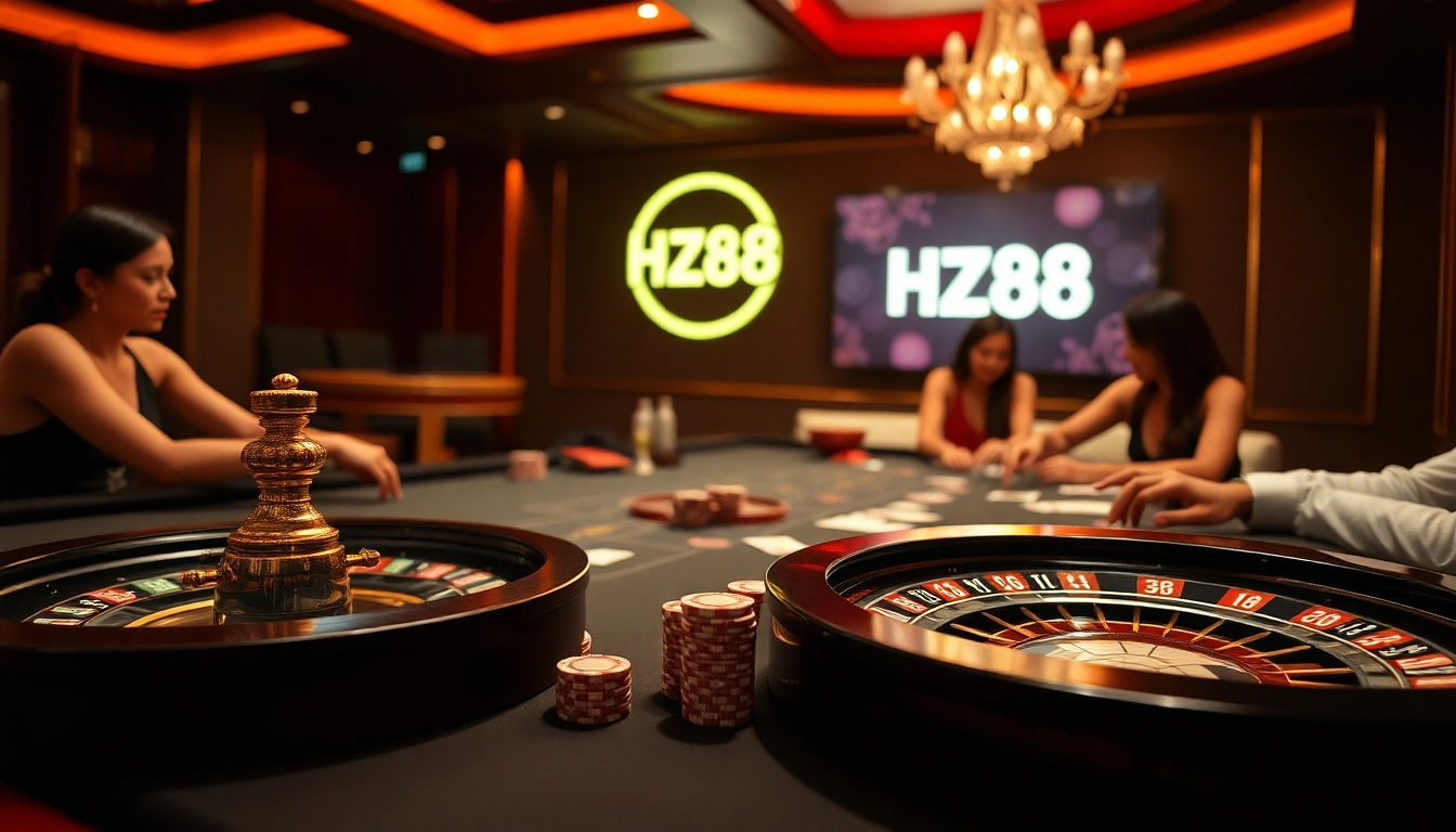 Exciting casino atmosphere showcasing HZ88 online gaming with poker chips and roulette.