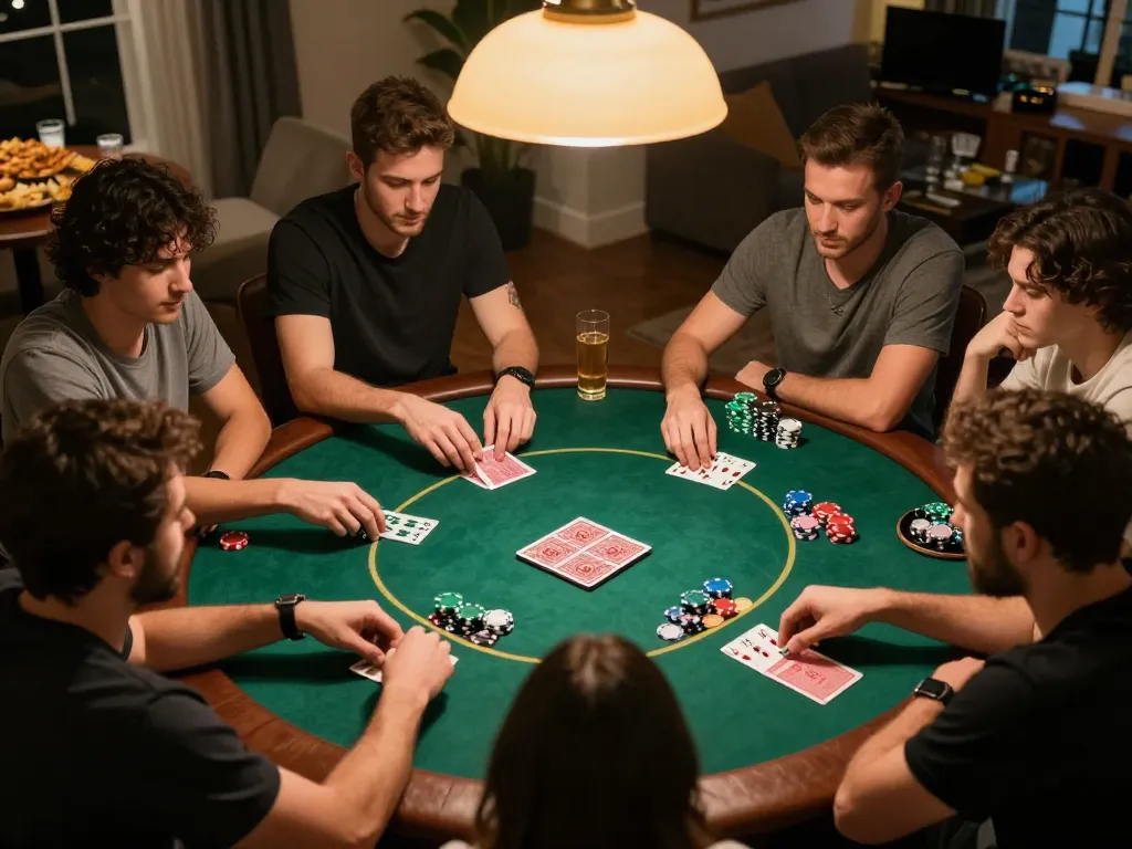 Friends enjoying a friendly poker night while using the Bester KI Detektor for game strategy analysis.