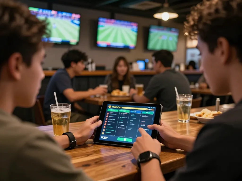 Engaging in kèo nhà cái trực tiếp betting while watching sports with friends at a lively bar.