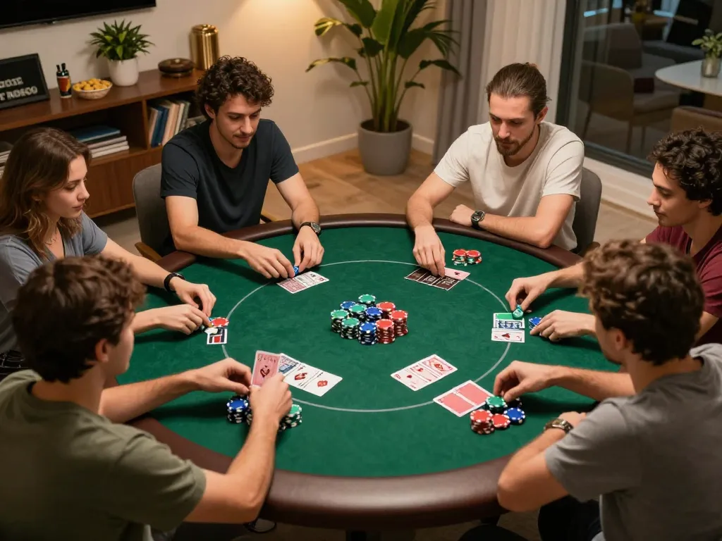 Players enjoying a game of poker at home with tip88 chips and cards visible on the table