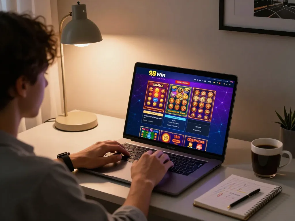 Engaged gamer using nhà cái 98win platform on laptop for online casino strategies.