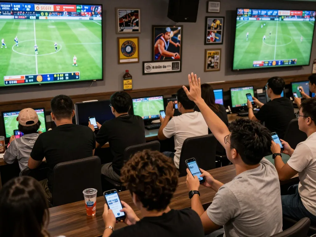 Excited fans cheering for kèo nhà cái in a lively sports betting lounge during a football match