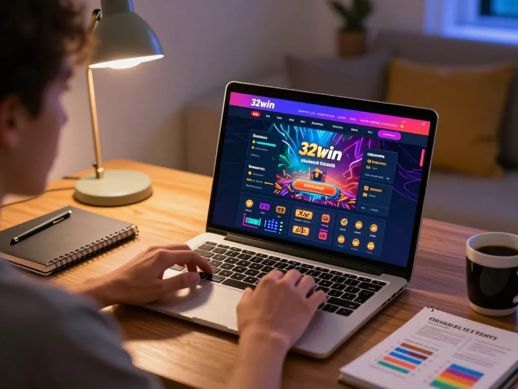 Engaged gamer playing 32win online casino on laptop, home setting with notes and coffee.