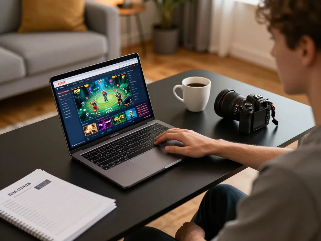 Xo88 player engaging with online casino on laptop in a cozy setup, showcasing strategic gaming.