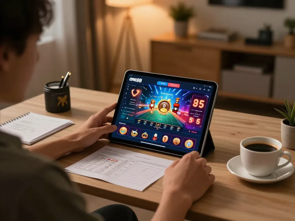 One88 player strategizing with casino app on tablet in cozy home office setting