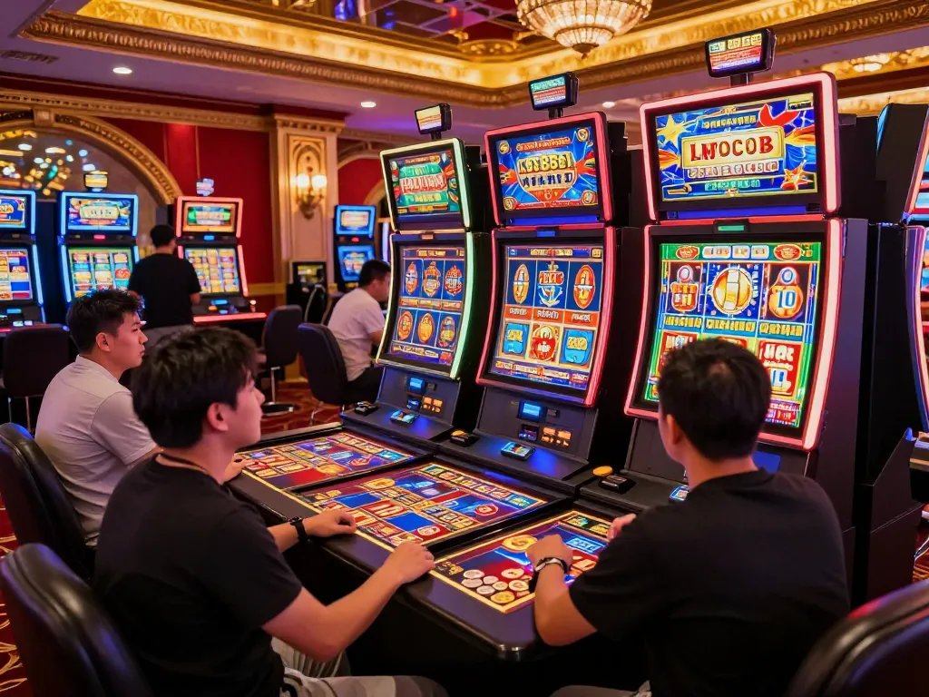 Players enjoying vibrant slot machines at LC888 casino, showcasing excitement and gaming action