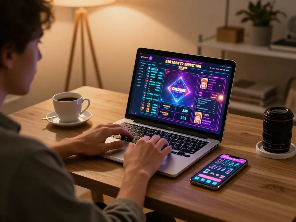 Engaging in online gaming at dagago with a laptop and smartphone in a stylish home office.