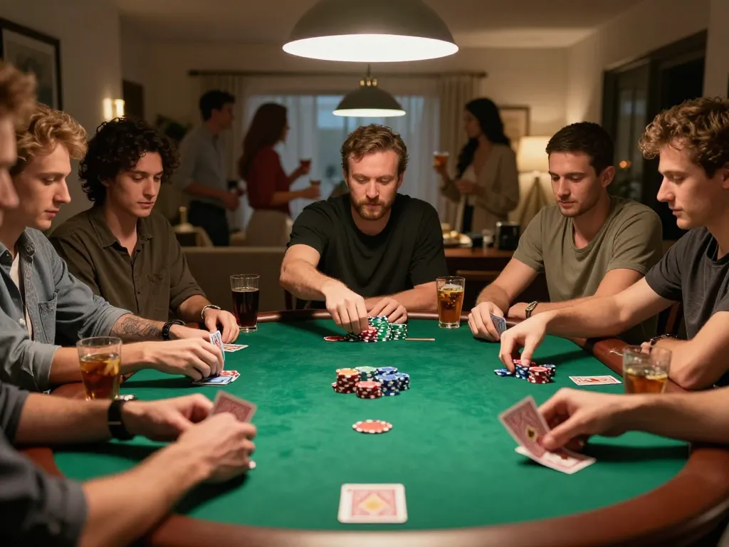Exciting home poker night scene showcasing players engaged in strategic gameplay with xo88s chips and cards.