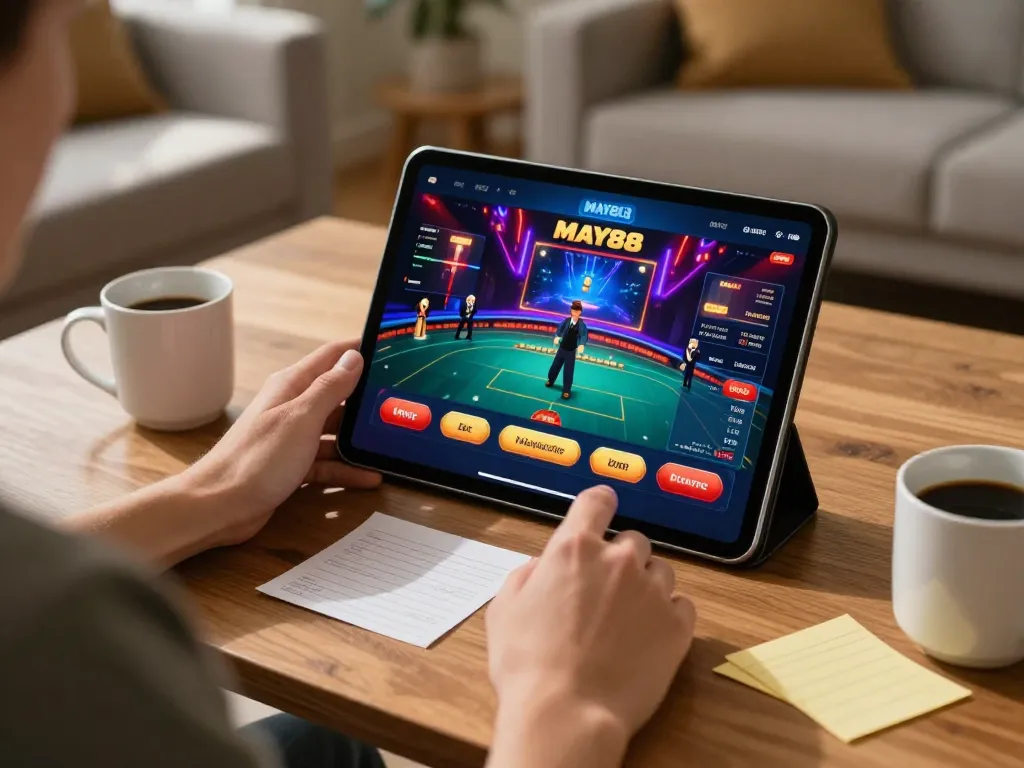 MAY88 player enjoying a live dealer game on a tablet for engaging online gambling