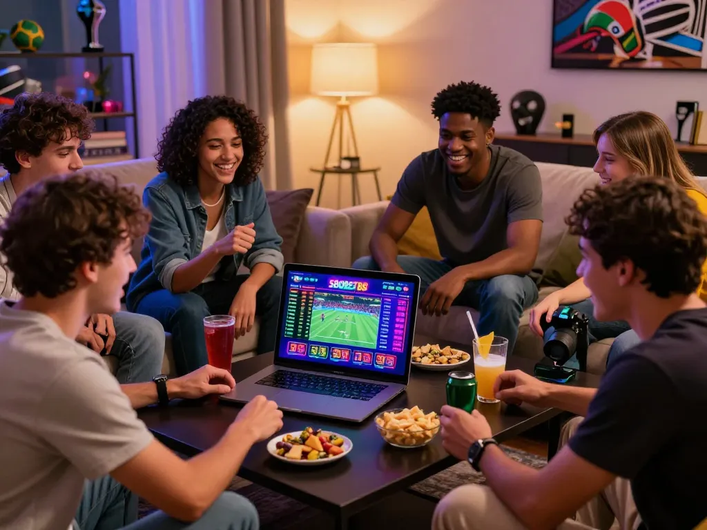 SBOBET88 online betting scene with friends enjoying a gaming night, vibrant atmosphere and engaging decor.