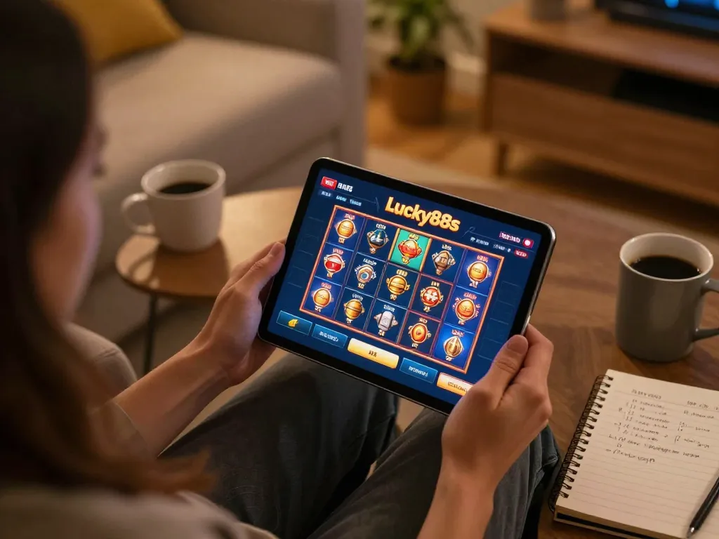 Engaging user explores lucky88s online casino on tablet in cozy home setting