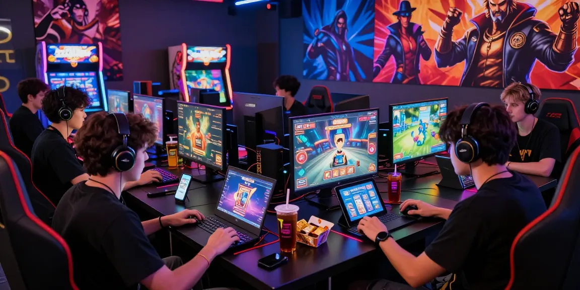A dynamic gaming lounge scene at https://gemwin.pics/ showing players immersed in card and arcade games with modern gaming devices and ambient lighting.