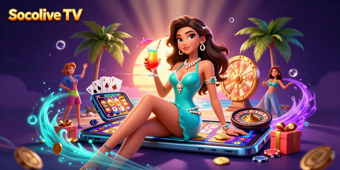 Socolive TV offers a vibrant online gambling experience featuring a glamorous cocktail scene amidst dynamic game elements.