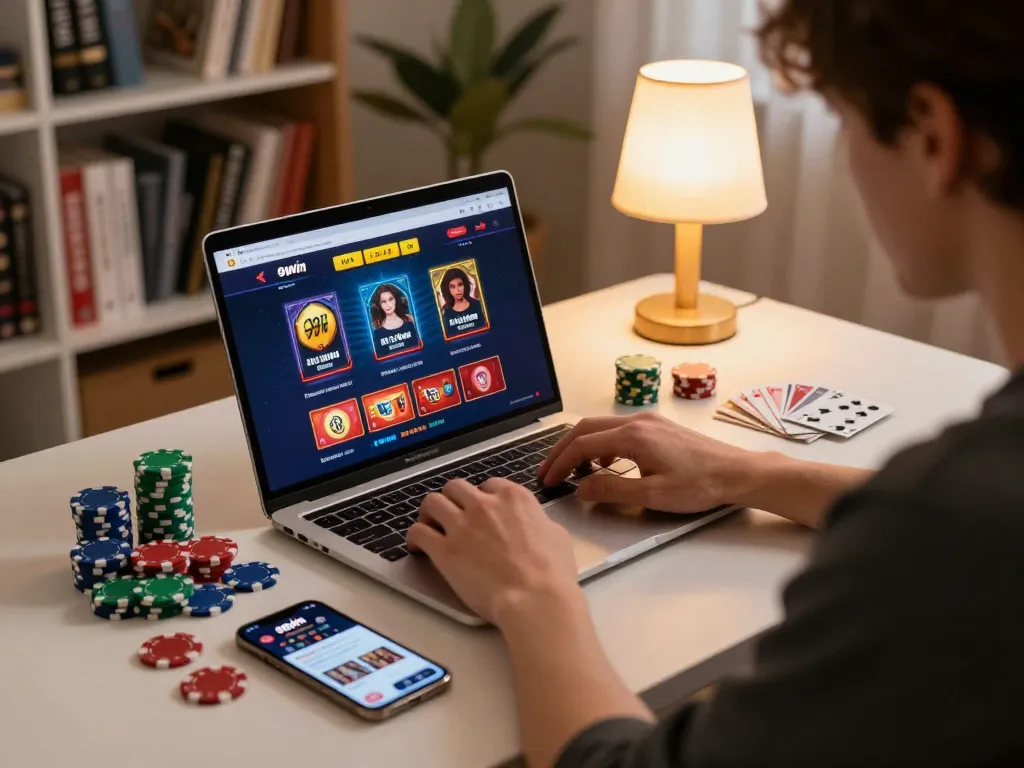 Engaged player at desk showcasing 98win casino interface with betting chips and cards.