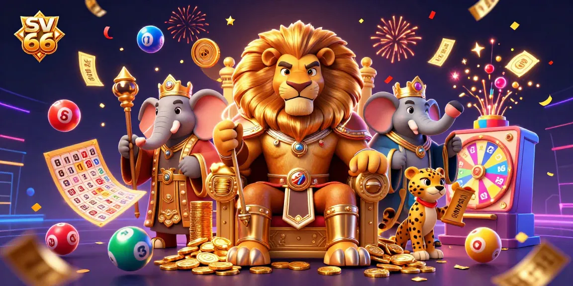 Experience the excitement of sv 66 with vibrant lottery balls, a regal lion king, and dynamic casino elements.