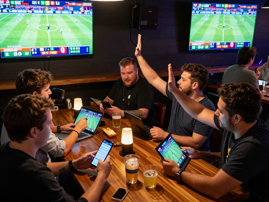 People engaging in live sports betting action while using lc888 app on smartphones in a vibrant bar setting.
