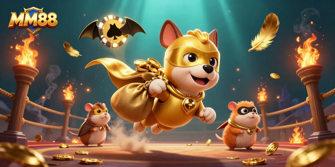Experience thrilling MM88 casino action with a superhero dog, golden coins, and poker chips.