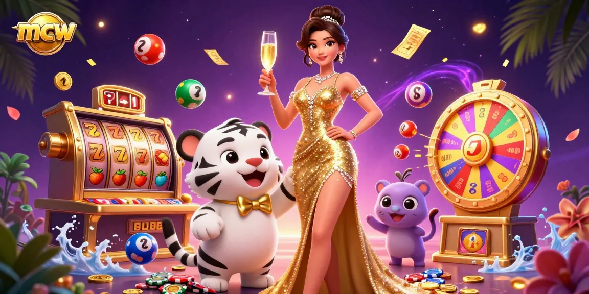 Experience winning moments at mcw with vibrant lottery balls, casino elements, and enchanting characters.