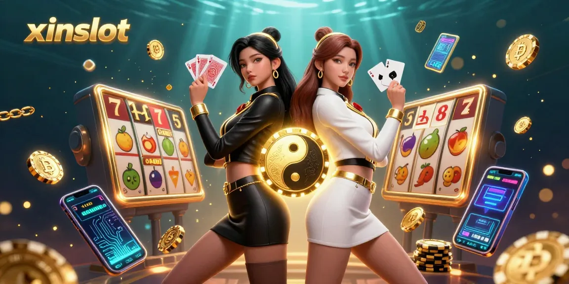 Xinslot showcases a stunning 3D illustration with twin Asian women in coordinated outfits, emphasizing slots and casino gaming.