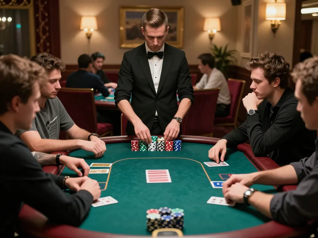 Exciting lc88 poker game scene with dealer shuffling cards and players engaged in strategy.