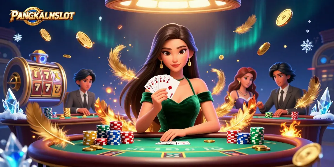 Experience the thrill of PANGKALANSLOT as a stunning Asian woman plays poker at a luxury table, surrounded by dynamic gambling elements.