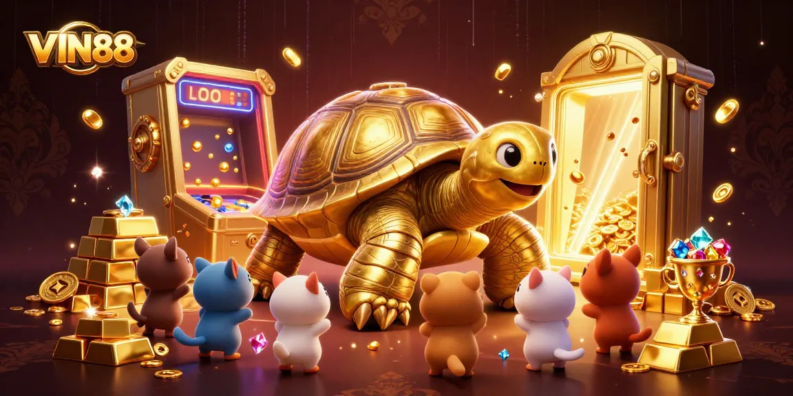 VIN88 casino illustration featuring a colossal golden tortoise and playful animals surrounding a treasure vault.