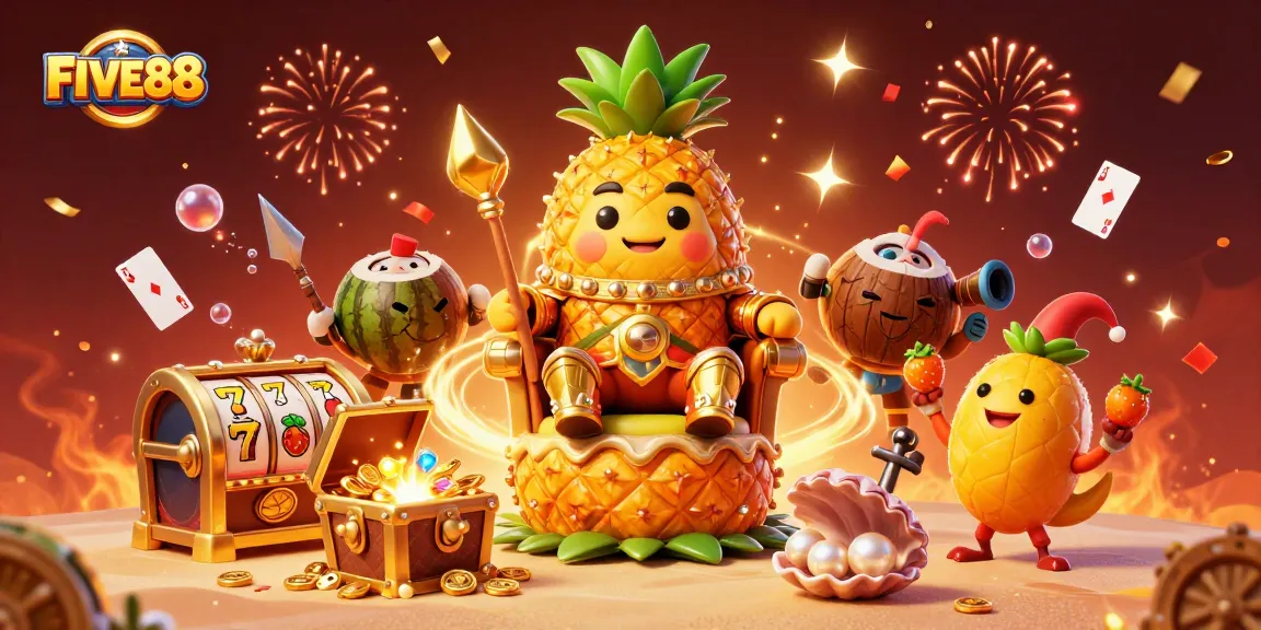 Engage in thrilling games with FIVE88 featuring a vibrant illustration of a golden pineapple king at a beach casino.