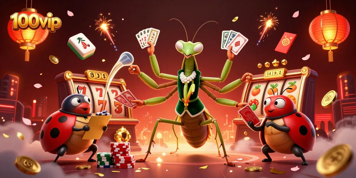 Experience thrilling plays at 100vip with dynamic action from a giant praying mantis and colorful casino elements.