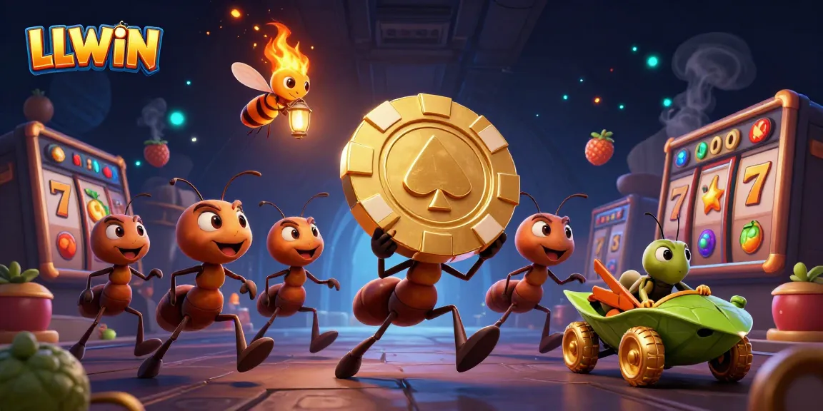 LLWIN casino illustration featuring cartoon ants carrying a giant poker chip in a vibrant gaming atmosphere.