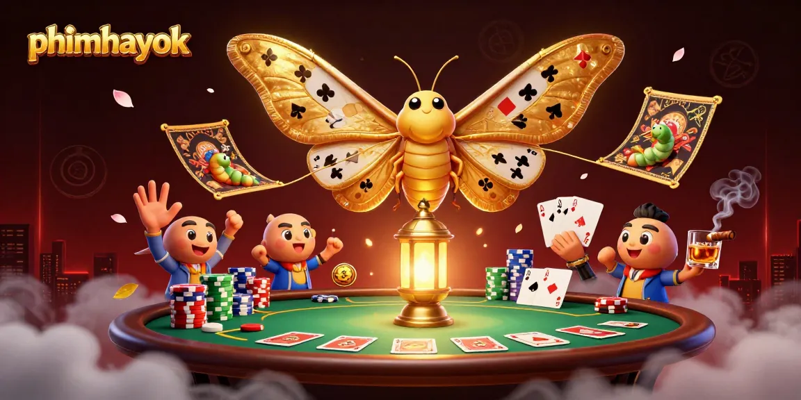 Experience thrilling gameplay with phimhayok's vibrant casino scene featuring a glamorous moth and poker elements.