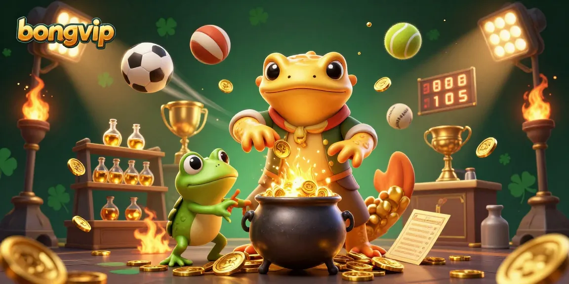 Experience unparalleled gaming at bongvip, featuring 3D alchemists creating gold amidst vibrant sports elements.