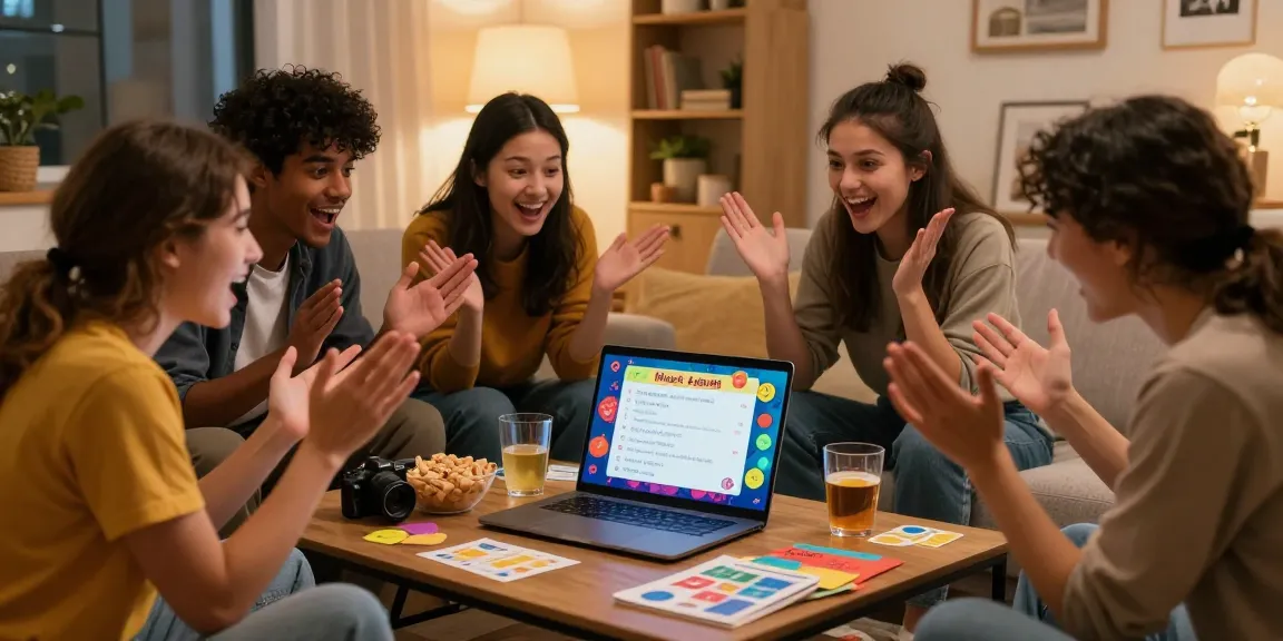 Friends engaging in a fun online Quiz Allgemeinwissen session at home with snacks and a cozy atmosphere.