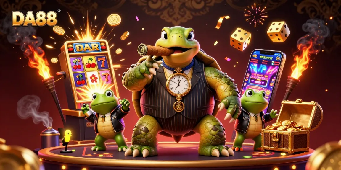 Experience DA88 action with a snapping turtle mobster and jackpot excitement in a vibrant casino scene.