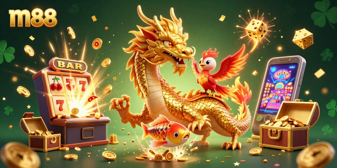 Experience m88 casino action with a vibrant dragon, phoenix, and coins in a stunning 3D illustration.