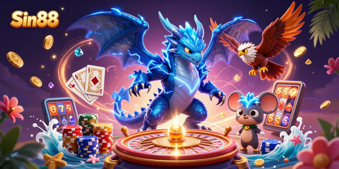 Experience the thrill of Sin88 with dynamic casino elements flying around, including a spinning roulette and vibrant poker chips.