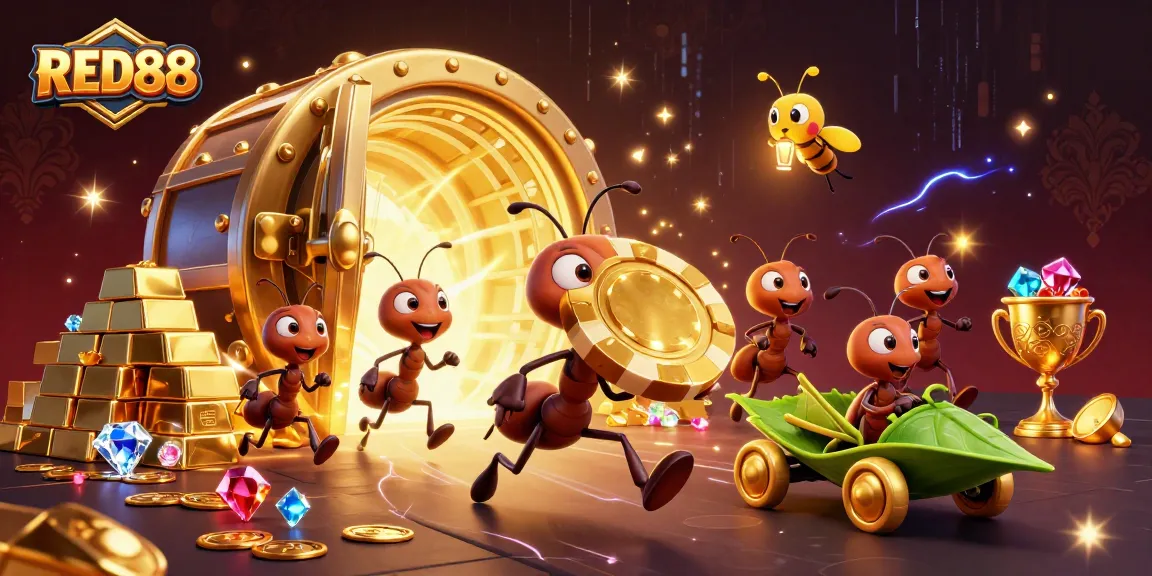 Engage in thrilling action with RED88 as ants carry a giant poker chip, illuminated by treasure!