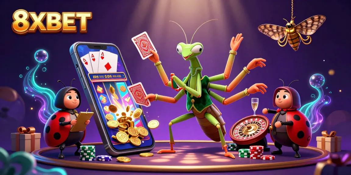 Engage with 8XBET's vibrant casino scene featuring card sharp and ladybug pit boss, immersed in thrilling gameplay.