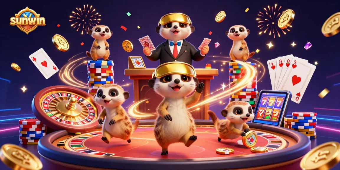 sunwin meerkats celebrating in a vibrant casino scene with coins, cards, and roulette