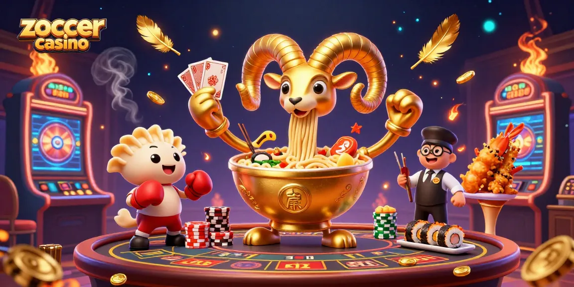 Zoccer casino lively scene with a golden ramen bowl character and gaming elements showcasing fun gameplay action.