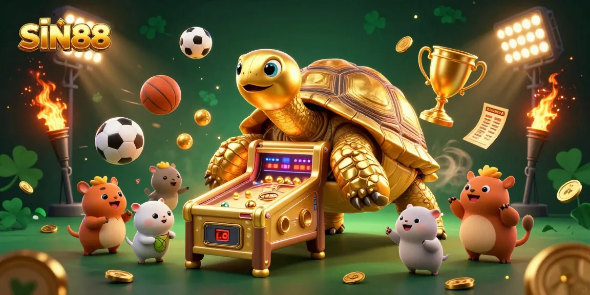 SIN88 captivating gaming scene featuring a golden tortoise pinball machine, sports balls, and engaging elements