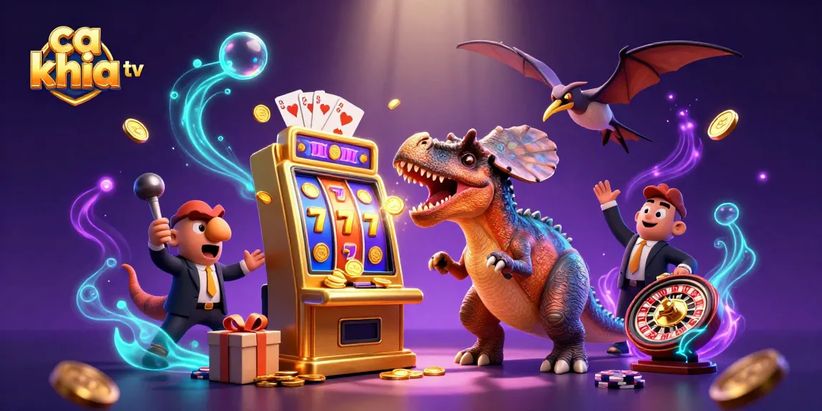 Catch a jackpot at ca khia tv with pachycephalosaurus celebrating win among flying coins.