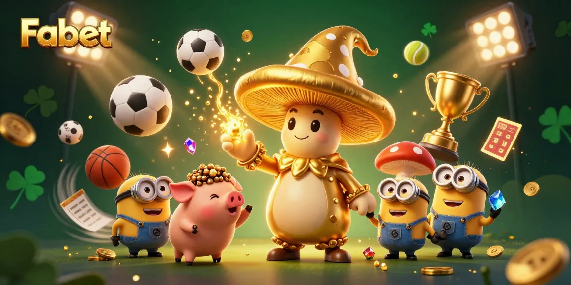 Experience Fabet's vibrant gambling scene with a golden mushroom wizard casting spells among sports elements and treasures.
