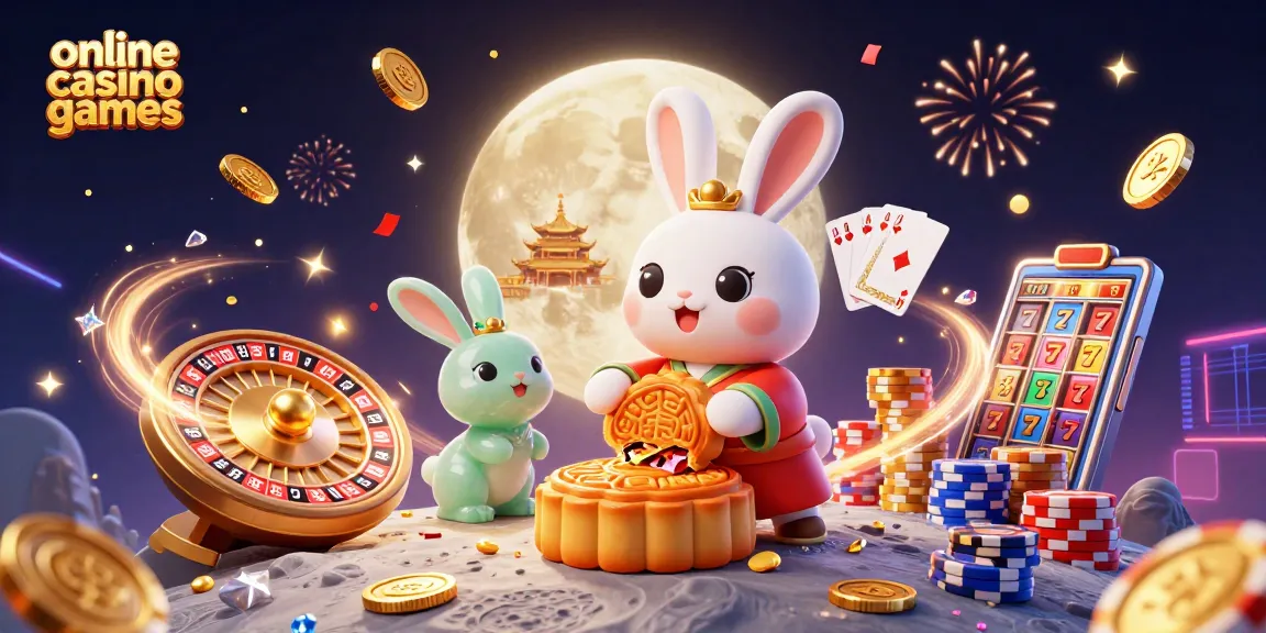 Engage with exciting online casino games featuring a moon rabbit scene filled with casino elements.